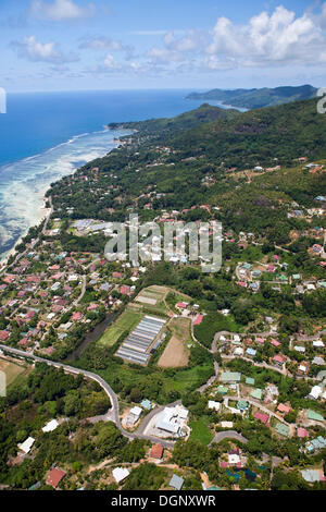 Aerial view, Anse Aux Pins, Southern Mahé, Mahé, Seychelles, Africa, Indian Ocean Stock Photo