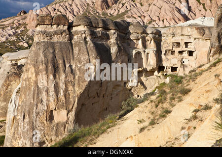 Fairy Chimneys and cliff dwellings made of tufa, Göreme National Park, near Çavuşin, Cappadocia, Nevşehir Province Stock Photo