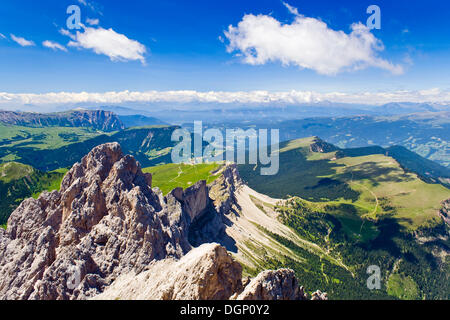 View from Mt Sass Rigais, overlooking Mt Seceda and Groedental or Val Gardena valley, with mountains Fermedatuerme, Seceda Stock Photo