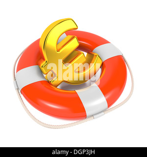 Euro Sign in Red Lifebuoy. Isolated on White. Stock Photo
