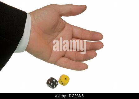 A hand throws a yellow and a black die, symbolic image for a yellow and black coalition, the die is cast Stock Photo