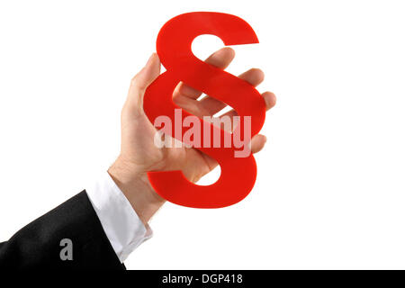 Business man's hand holding section sign, symbolic image Stock Photo