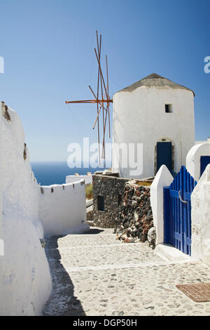 Traditional windmill, Oia, Santorini, Cyclades, Greece, Europe Stock Photo