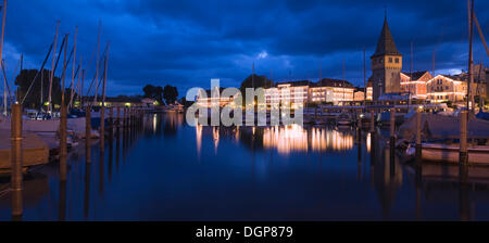 Harbour of Lindau at night, Lake Constance, Bavaria Stock Photo