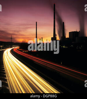 Highway and power plant in the evening, causes of climate change, Baden-Wuerttemberg Stock Photo