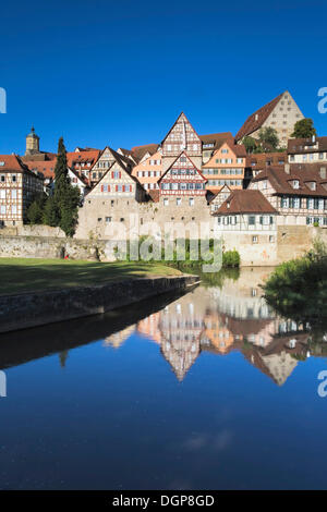 Houses of the old town reflected in the Kocher river, Schwaebisch Hall, Hohenlohe, Baden-Wuerttemberg Stock Photo