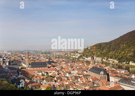 Panoramic views from Heidelberger Schloss, Heidelberg Castle, across the old town of Heidelberg, Baden-Wuerttemberg Stock Photo