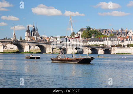 View over the Loire River bridge, Pont Jacques Gabriel, towards Blois and the Church of Saint Nicolas Stock Photo