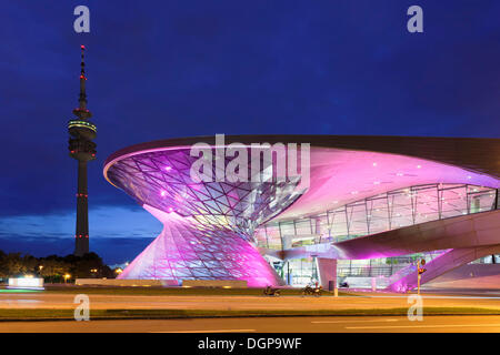 BMW Welt and the Olympic Tower on Mittleren Ring, the central ring road near the Olympic Centre, Munich, Upper Bavaria, Bavaria Stock Photo