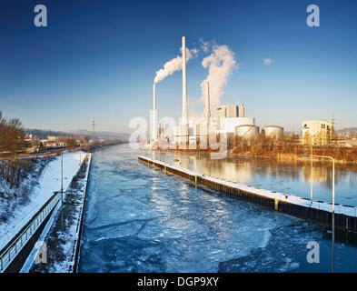 Electricity plant with frozen Neckar river, Altbach, Baden-Wuerttemberg Stock Photo