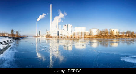 Icy Neckar river and electricity plant, Altbach, Baden-Wuerttemberg Stock Photo