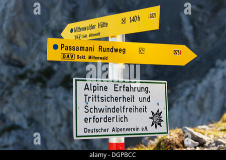 Signpost, Passamani circular route, Mittenwald, Karwendel Mountains, Upper Bavaria, Bavaria Stock Photo