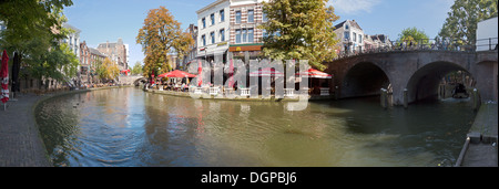 Wide panorama of the unique split-level Oudegracht (old canal) in Utrecht. Stock Photo