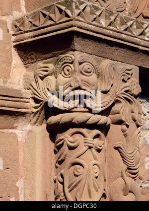 Green Man carved on E capital of south doorway of Kilpeck church: a fine example of the Herefordshire School of late-Romanesque carving. Stock Photo