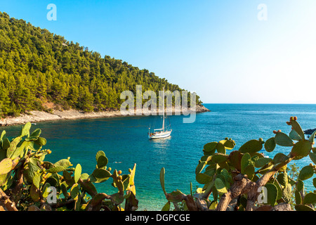 Yacht moored in Pupnatska bay near Pupnat, Croatia Stock Photo