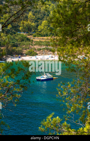 Catamaran moored in Pupnatska bay near Pupnat, Croatia Stock Photo