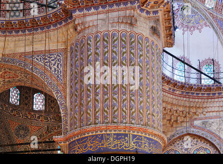 Interior view, column decorated with Iznik ceramics, tiles, Blue Mosque, Sultan Ahmed Mosque or Sultanahmet Camii, Istanbul Stock Photo