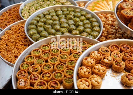 Baklava and other Turkish sweets in the shop window of Hafiz Mustafa, Istanbul, Turkey, Europe, Istanbul, Istanbul Province Stock Photo