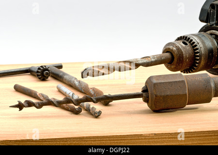 old used tools on the wooden desk Stock Photo