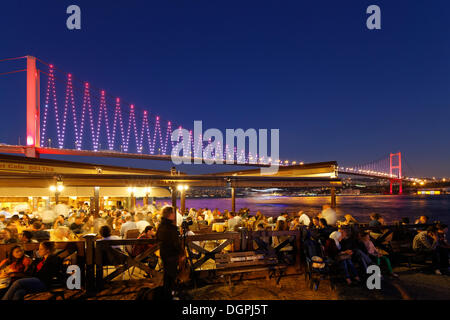 Restaurant on the Bosphorus with the Bosphorus Bridge, Ortaköy, Besiktas, Istanbul, Istanbul Province, Turkey Stock Photo