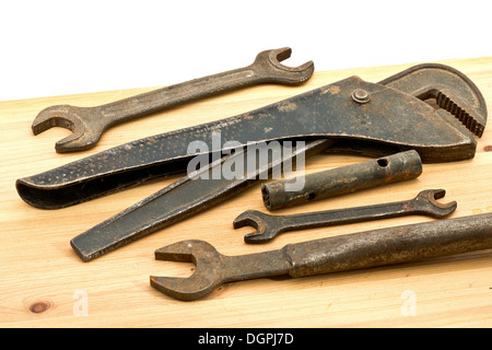 old used tools on the wooden desk Stock Photo