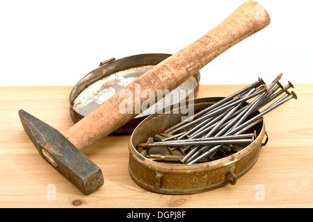 old used tools on the wooden desk Stock Photo