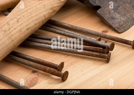 old used tools on the wooden desk Stock Photo