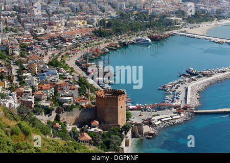 Historic town centre of Alanya with the port and Kızıl Kule or Red Tower, view from Castle Hill, Alanya, Turkish Riviera Stock Photo