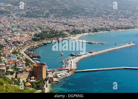 Historic town centre of Alanya with the port and Kızıl Kule or Red Tower, view from Castle Hill, Alanya, Turkish Riviera Stock Photo