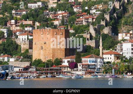 Kizil Kule, Red Tower and fortress walls, Alanya, Turkish Riviera, Province of Antalya, Mediterranean Region, Turkey Stock Photo