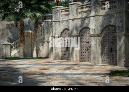 Doors & Stone Wall In Mediterranean Style Courtyard Stock Photo