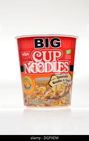 Unopened container of Nissin Big Cup of Ramen Noodles Roast Chicken Flavor soup on white background, cutout. Stock Photo