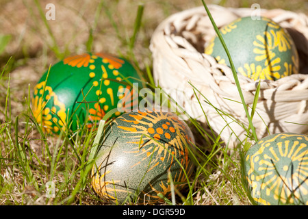 green easter eggs decorated with bee wax Stock Photo