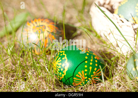 easter eggs decorated with bee wax Stock Photo