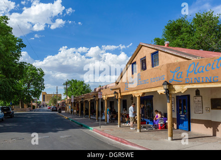 Restaurant, shops and street traders on Old Town Plaza, San Felipe Street, Old Town, Albuquerque, New Mexico, USA