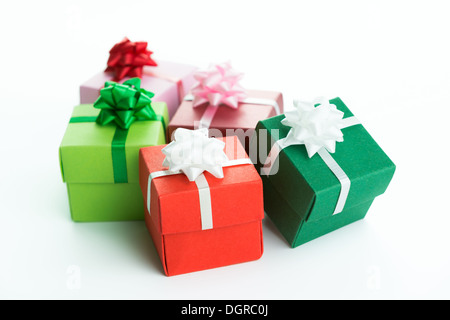Various colour gift boxes wrapped with ribbons and bow Stock Photo
