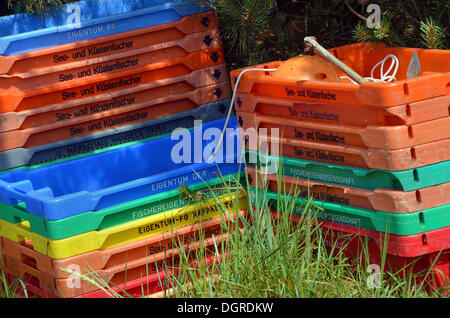 Fish crates at the port of Prerow, Darss-Zingst, Nationalpark Vorpommersche Boddenlandschaft national park Stock Photo