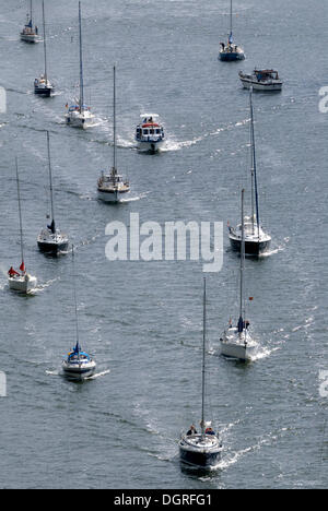 Sailing boats, pleasure craft traffic on Kiel Canal, Schleswig-Holstein Stock Photo