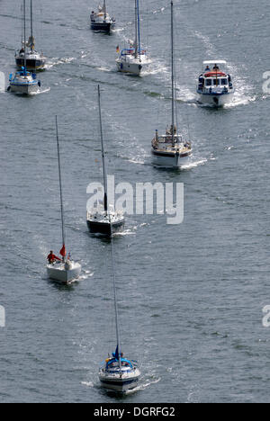 Sailing boats, pleasure craft traffic on Kiel Canal, Schleswig-Holstein Stock Photo