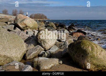 View over rock fill on the Kiel Fjord towards the Buelk Lighthouse, Schleswig-Holstein Stock Photo
