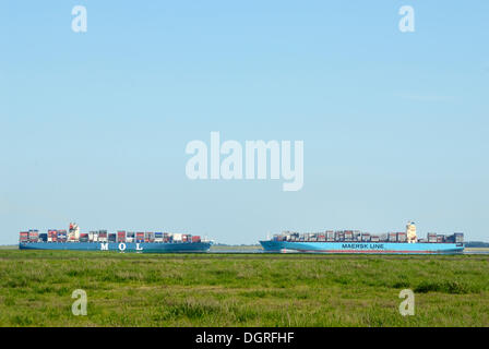 Two container vessels passing one another on the lower Elbe River, Schleswig-Holstein Stock Photo