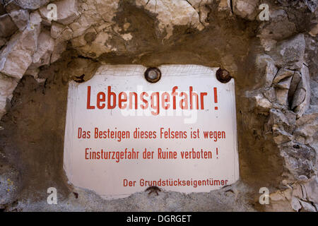 Lebensgefahr, German for danger to life, warning sign on the ruins of Gebrochen Gutenstein Castle, Upper Danube Valley Stock Photo