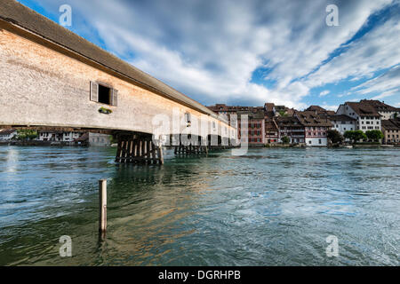 The historic wooden bridge over the Rhine was opened in 1816 and is connecting the German village of Gailingen and the Swiss Stock Photo