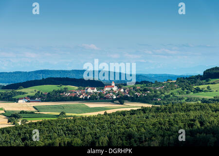 View of the Hegau landscape with the village of Weiterdingen in summer, Baden-Wuerttemberg Stock Photo