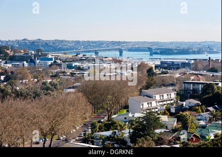 Auckland, New Zealand. View over the city towards Waitemata Harbour and the motorway bridge. Stock Photo