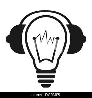 Black logo of light bulb with headphones. Stock Photo