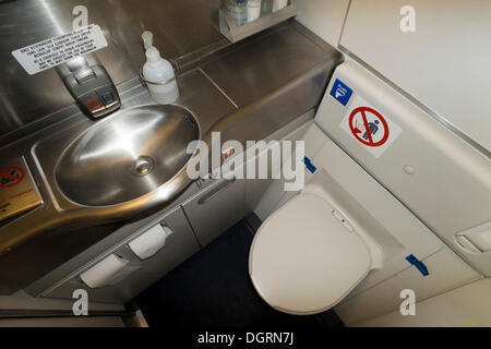 Lavatory on an airplane, Boeing 777 Stock Photo