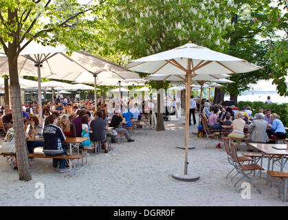 Outdoor restaurant on Main river, cider, Gerbermuehle, Frankfurt, Hesse Stock Photo