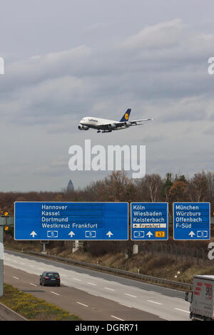 Lufthansa Airbus A380 approaching Frankfurt Airport, Hesse Stock Photo