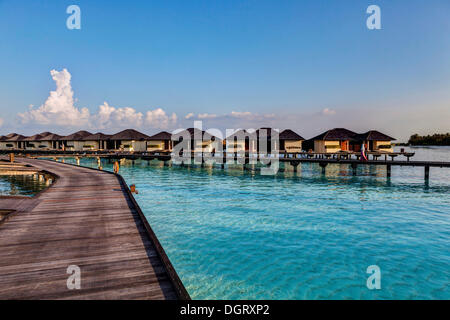 Jetty, water bungalows on Paradise Island, Lankanfinolhu, North Malé Atoll, Maldives Stock Photo